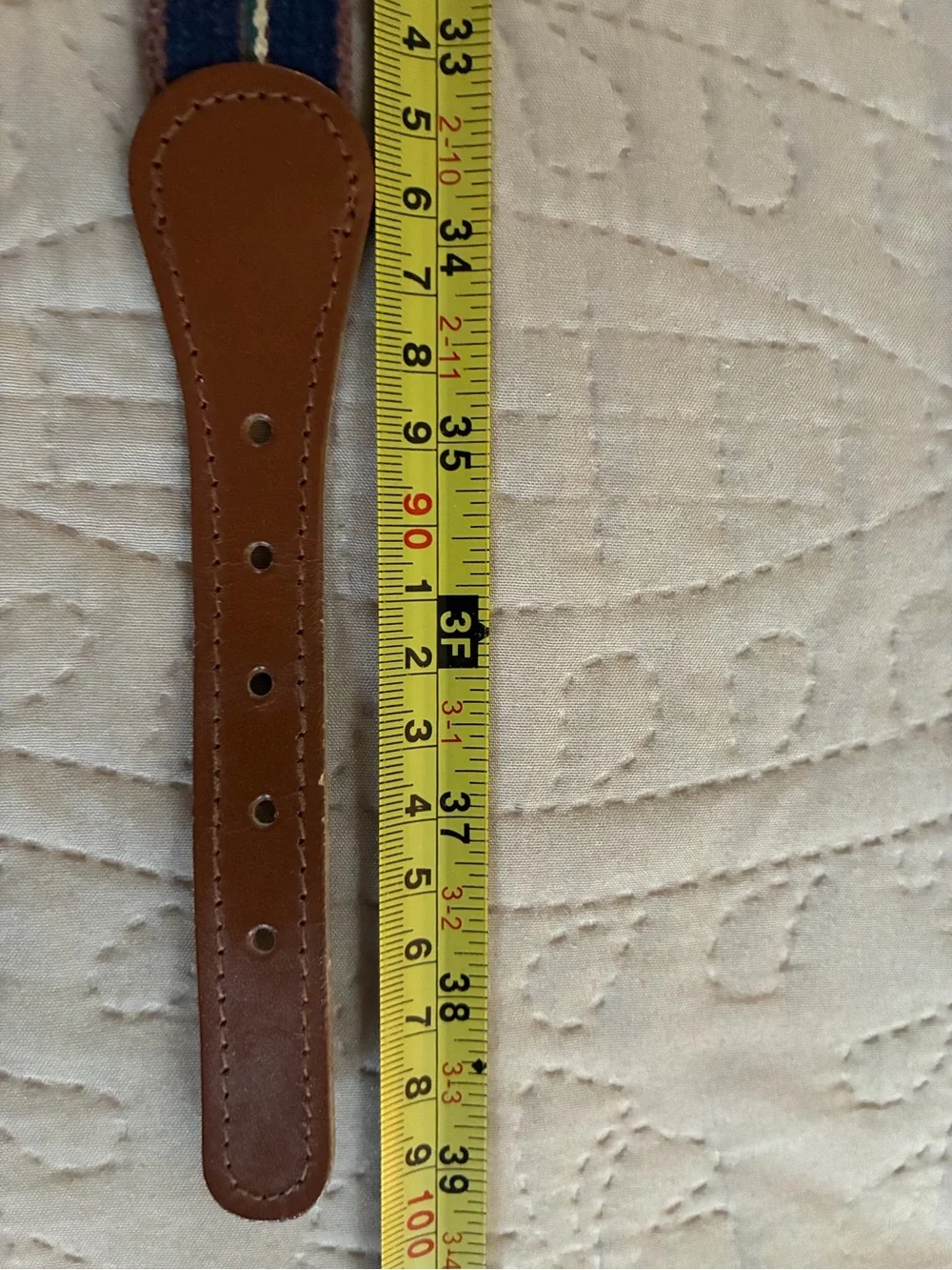 Mens Size 36 Surcingle Belt Striped Canvas Webbing Leather Trim Brass Buckle